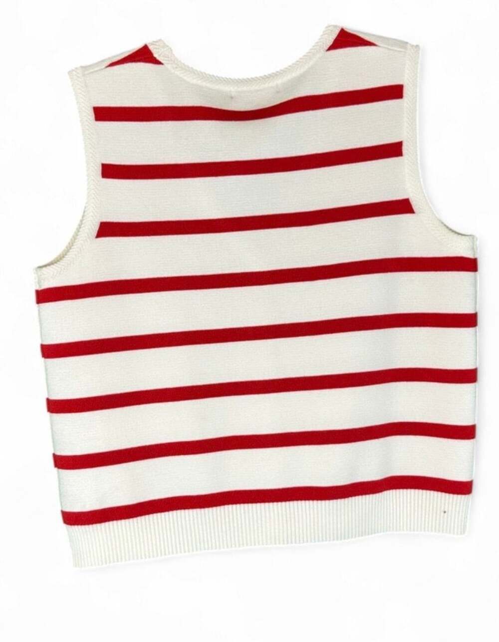 Adrianna Papell Knit Vest Red White Striped Gold Button V-Neck - Picture 3 of 4
